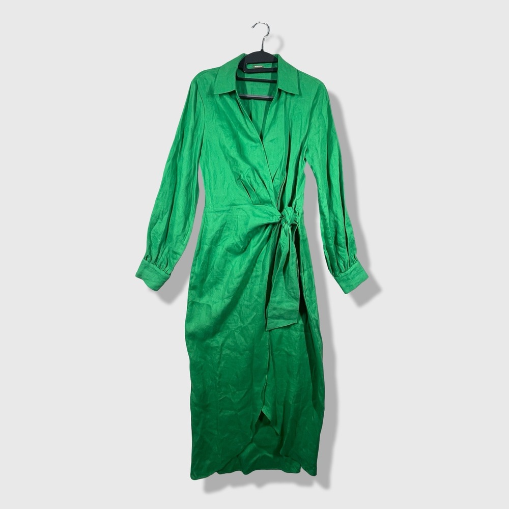 Magaschoni Linen Wrap Midi Dress Womens 6 Green Minimalist Collared Coastal